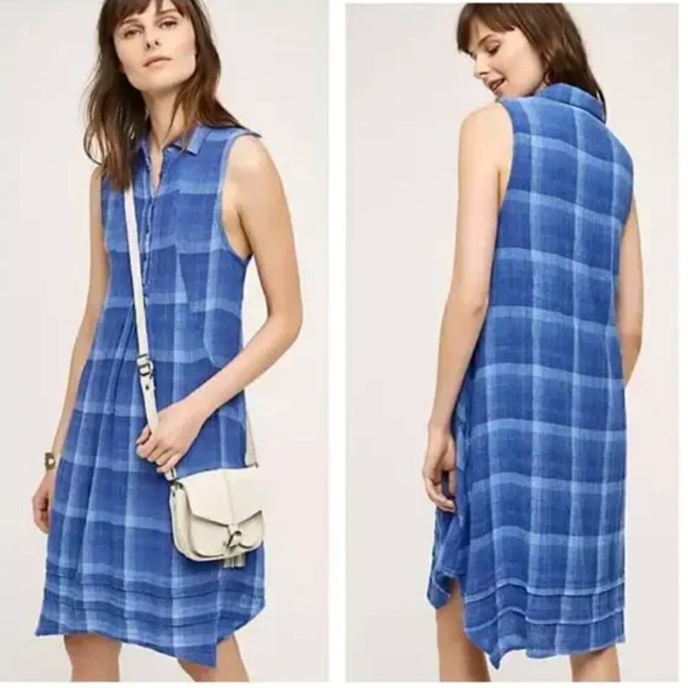 Anthropologie Isabella Sinclair Tillie Plaid Blue  Shirt Dress Sz M Pockets NWT
